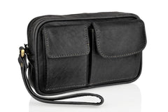 Black Woody Leather Wrist Travel Bag|Bag Garddwn Teithio Lledr Du